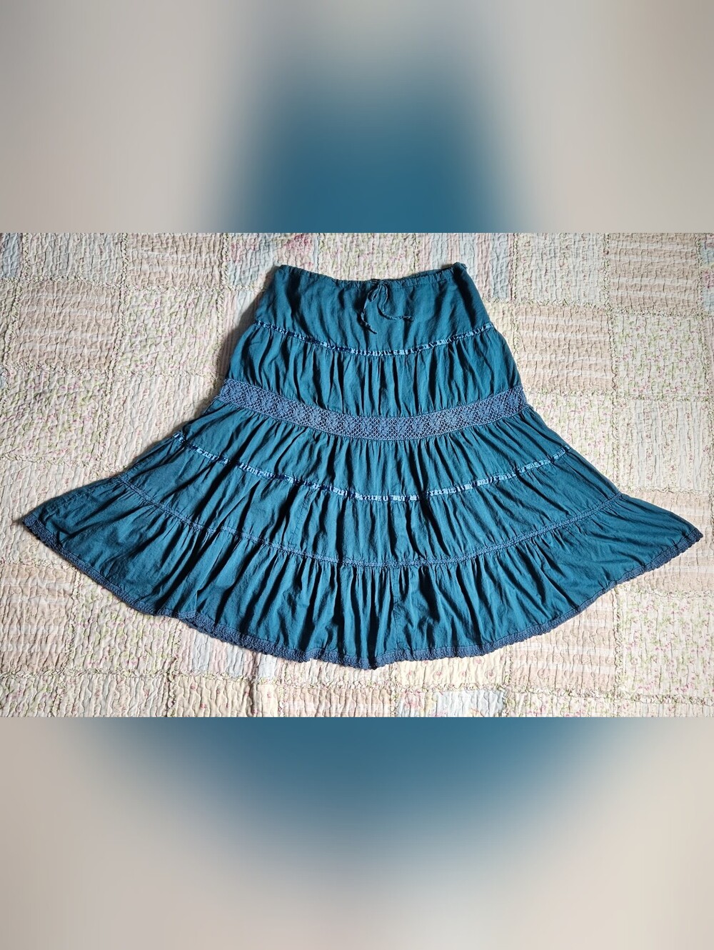 Vintage Teal Tiered Maxi Skirt with Crochet Inserts